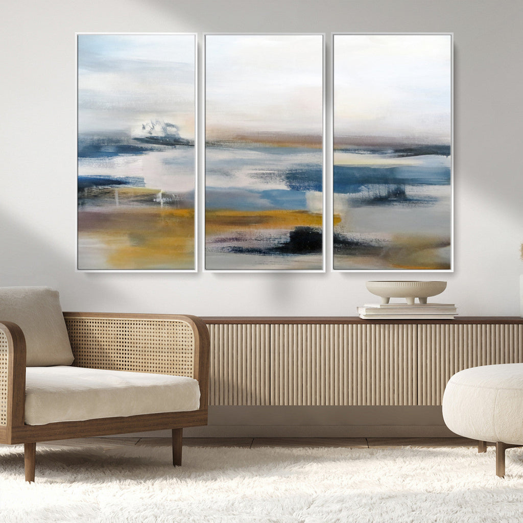 Abstract Landscape Wall Art Canvas | 3 Panel Modern Blue, Gold and White Canvas Art