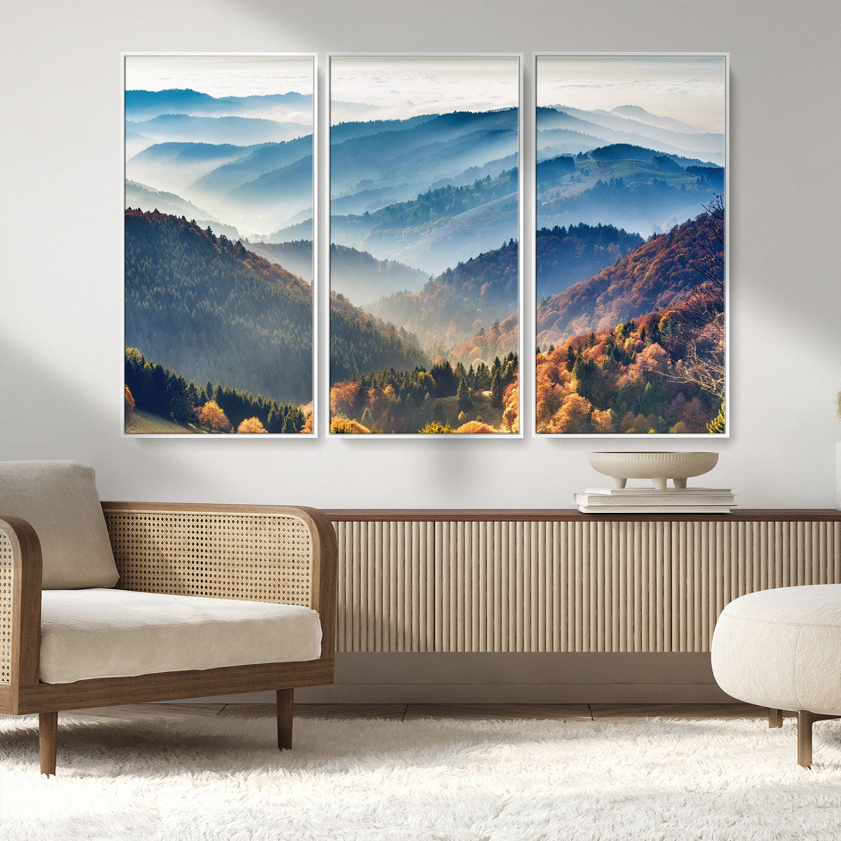 Misty Mountain Sunrise Triptych Canvas Print | Autumn Landscape Wall Art