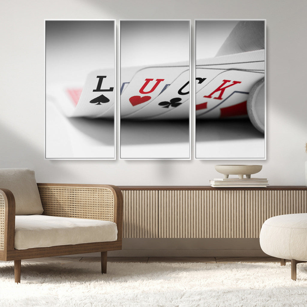Framed Lucky Poker Cards Canvas | Modern Triptych Wall Art for Game Rooms