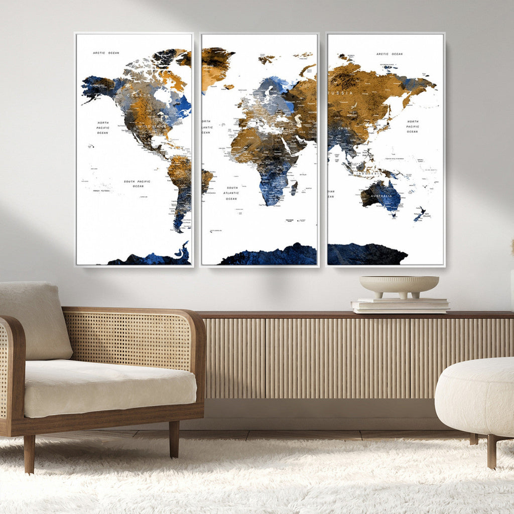 Modern Abstract World Map Canvas Wall Art | Framed Blue and Gold Map Print