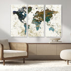 Vintage World Map Wall Art Canvas Print, Framed Rustic Earth Tone Map