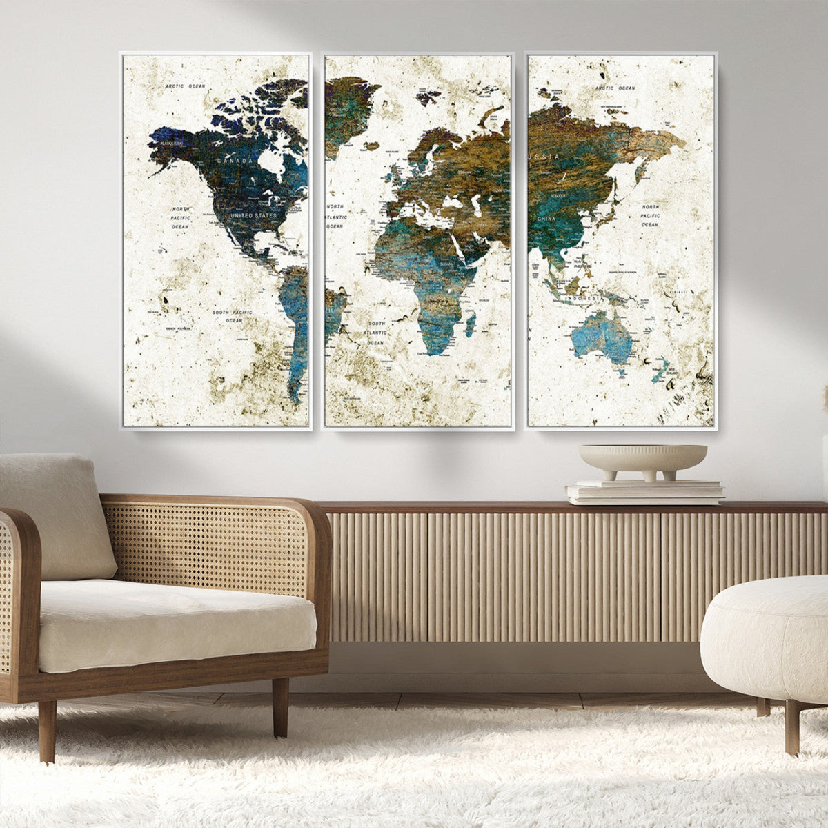 Vintage World Map Wall Art Canvas Print, Framed Rustic Earth Tone Map