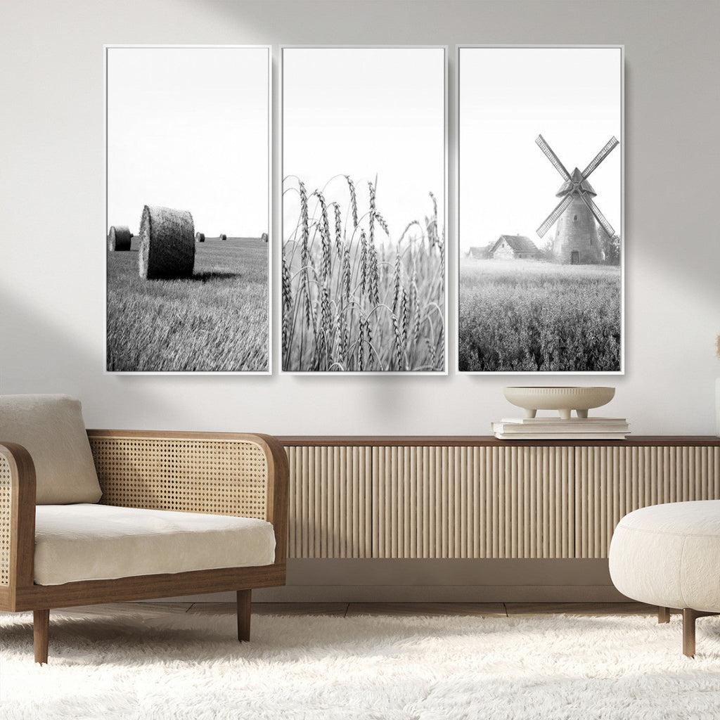Vintage Farmhouse Black and White Triptych Wall Art, Giclee Canvas with Wheat Fields, Hay Bales and Windmill