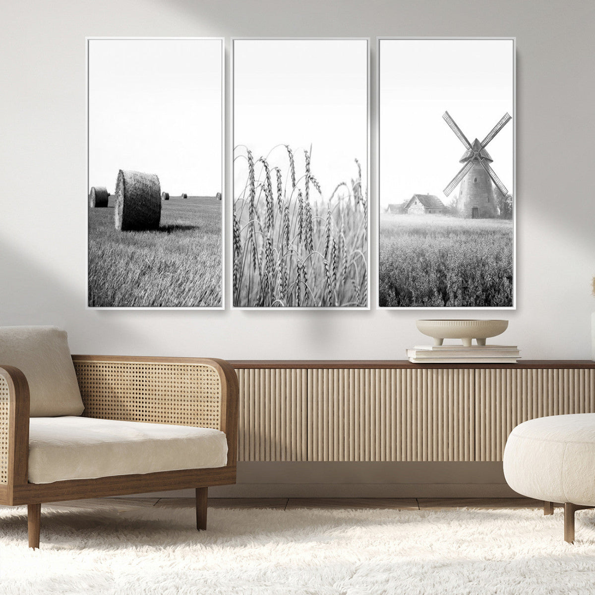 Vintage Farmhouse Black and White Triptych Wall Art, Giclee Canvas with Wheat Fields, Hay Bales and Windmill