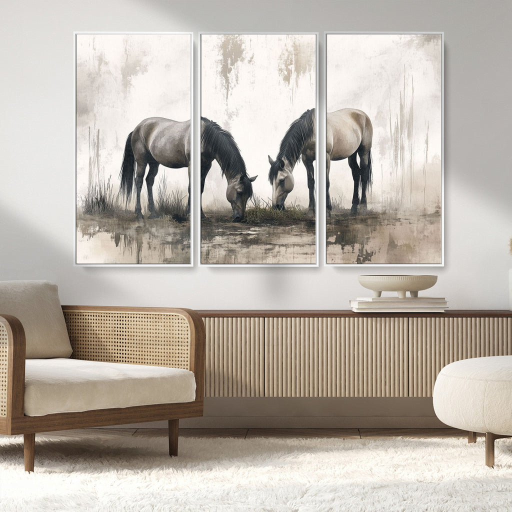 Chinese Ink Style Vintage Horses Wall Art Canvas Print