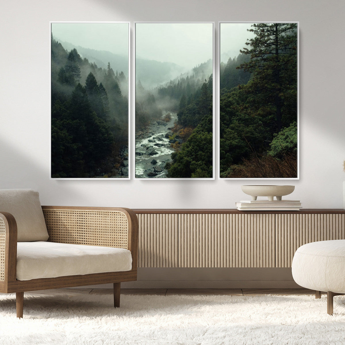 Misty Forest Wall Art, Tranquil Nature Landscape, Ready to Hang | Extra Large 3 Piece Canvas Wall Art