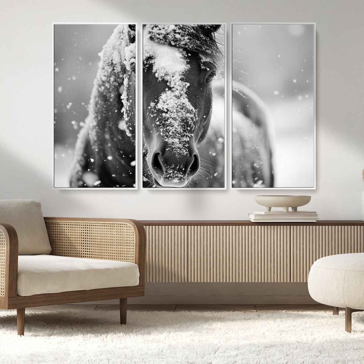 Black and White Horse Winter Wall Art, Ready to Hang