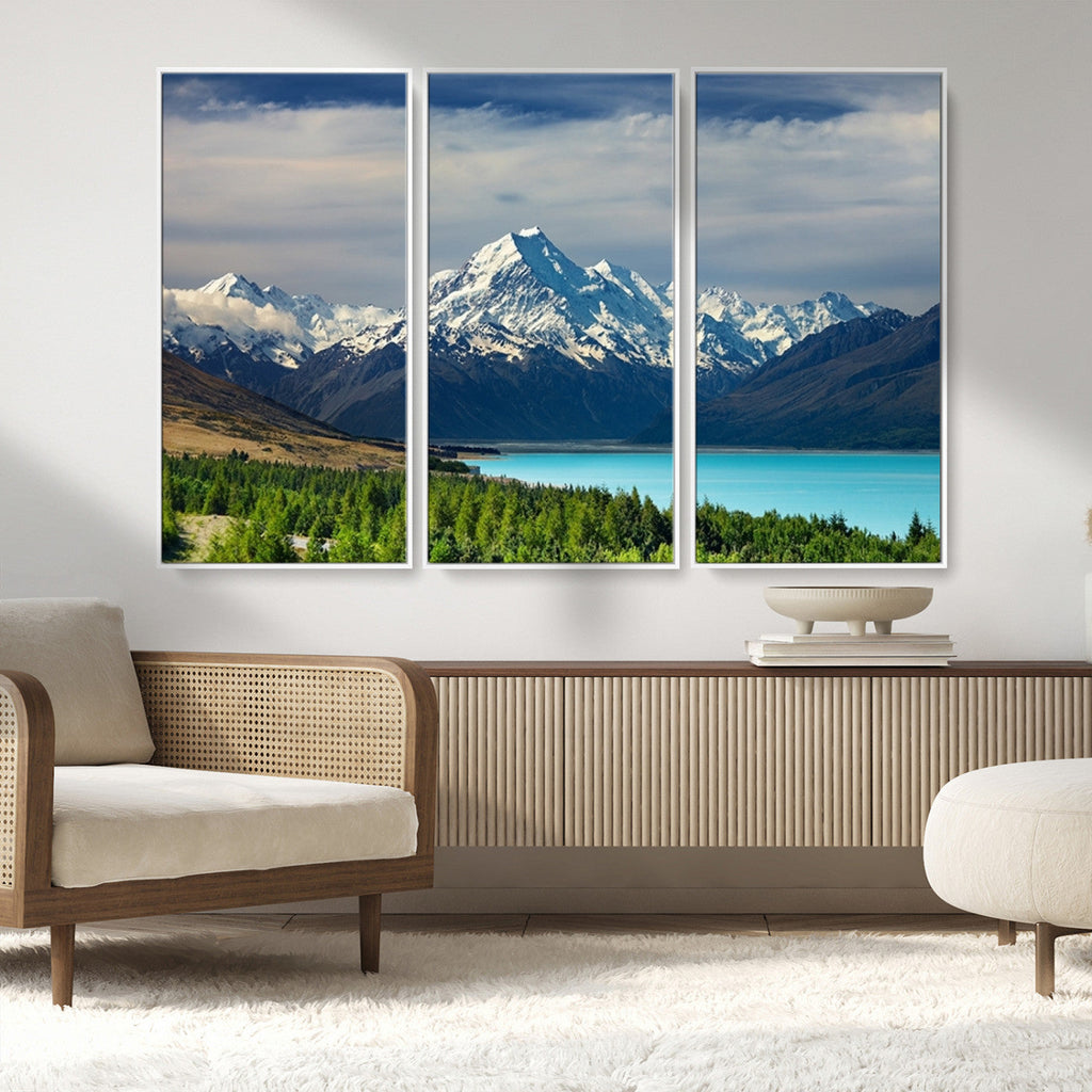 Mount Cook and Lake Pukaki Canvas Wall Art Print | Majestic Snow Capped Peaks
