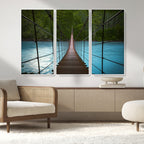 Suspension Bridge Over River Canvas Art | 3-Panel Nature Wall Art