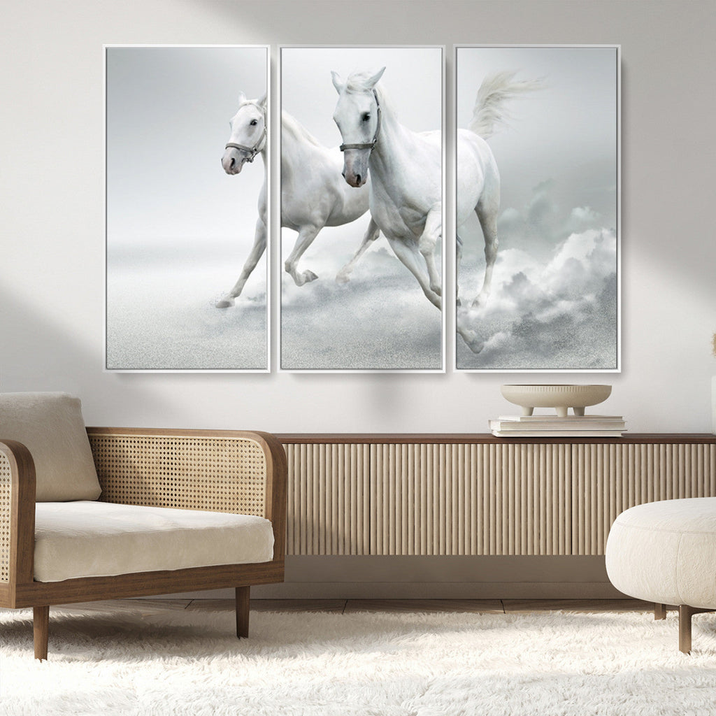 Large Wall Art Canvas Print, Beautiful Running White Horses