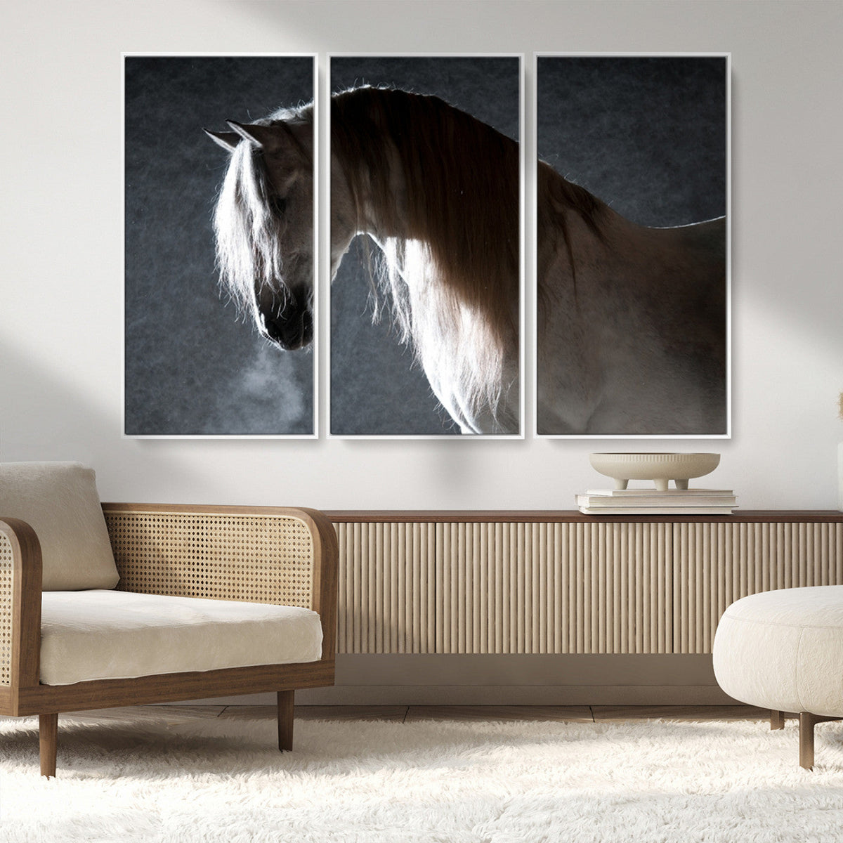 Large Wall Art Cream Colored Horse on Grey Background Canvas