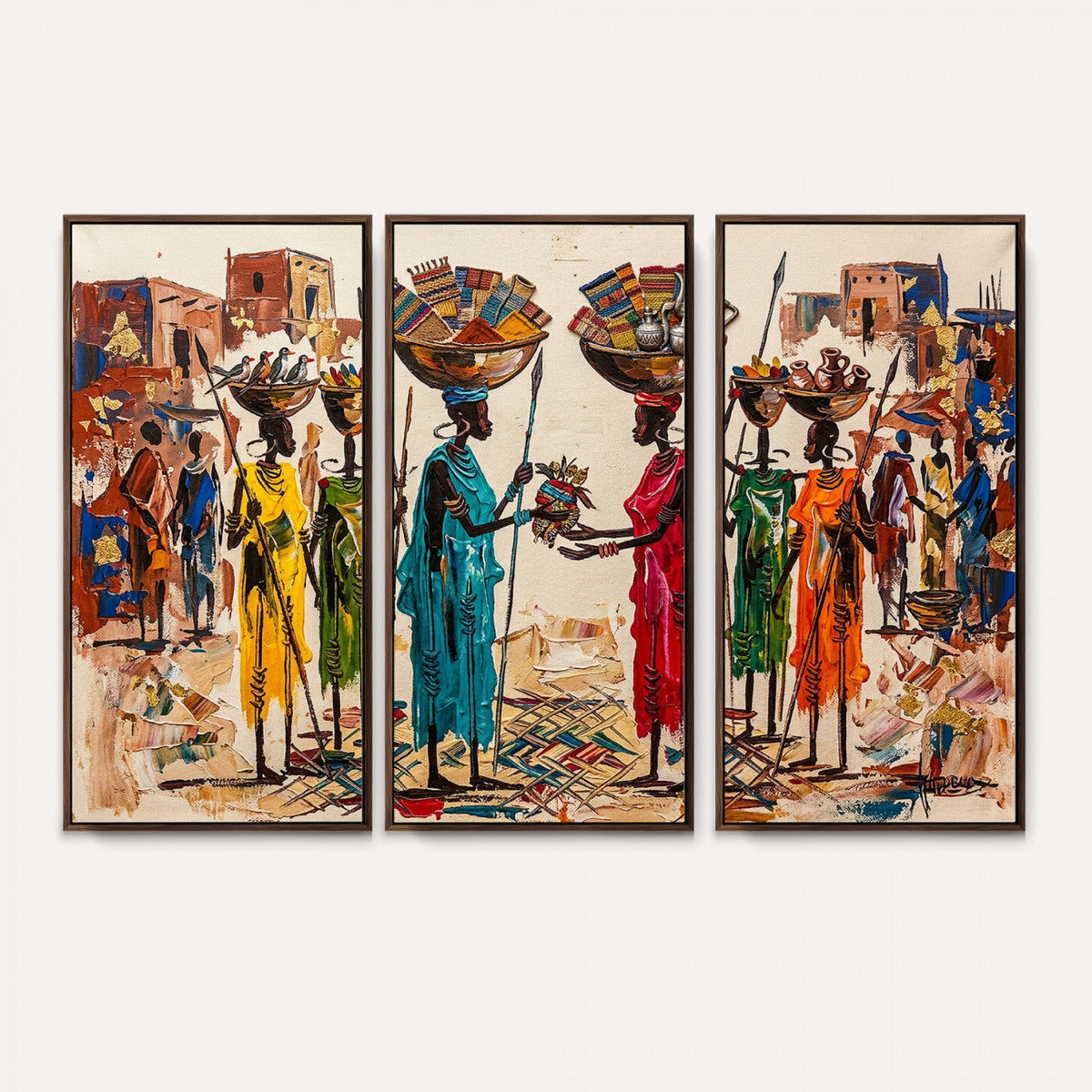 African Folk Art Canvas Wall Art, Colorful African Women Village Painting Print