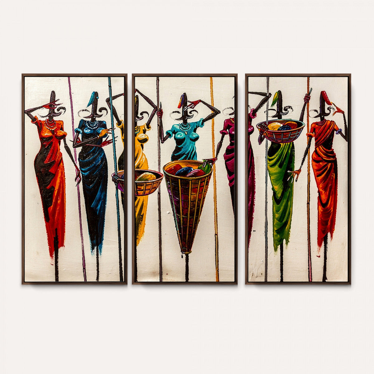 African Folk Art Canvas Wall Art, Colorful African Women Village Painting Print