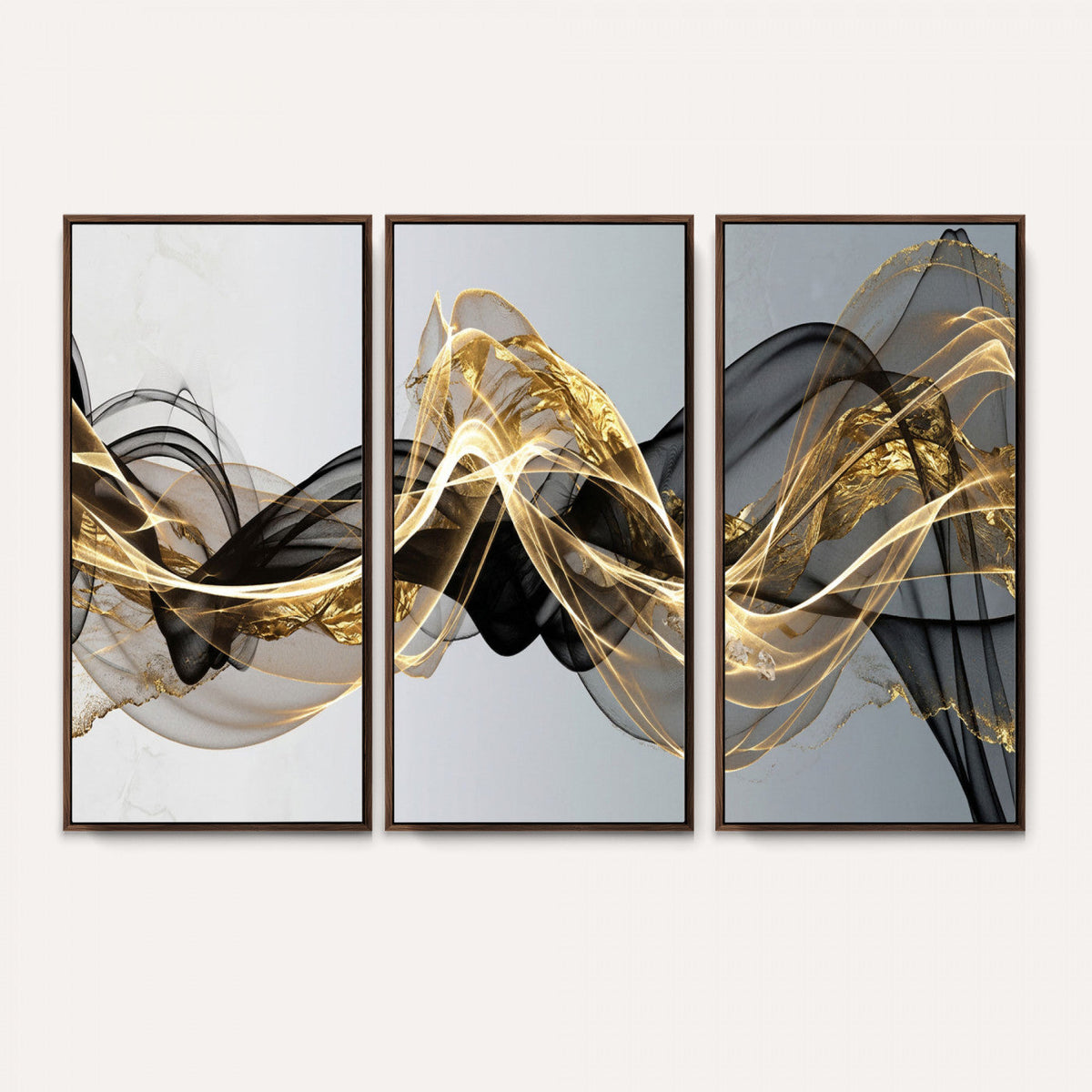 Black and Gold Abstract Wall Art, Modern Wave Canvas Print, Elegant Flowing Smoke Art