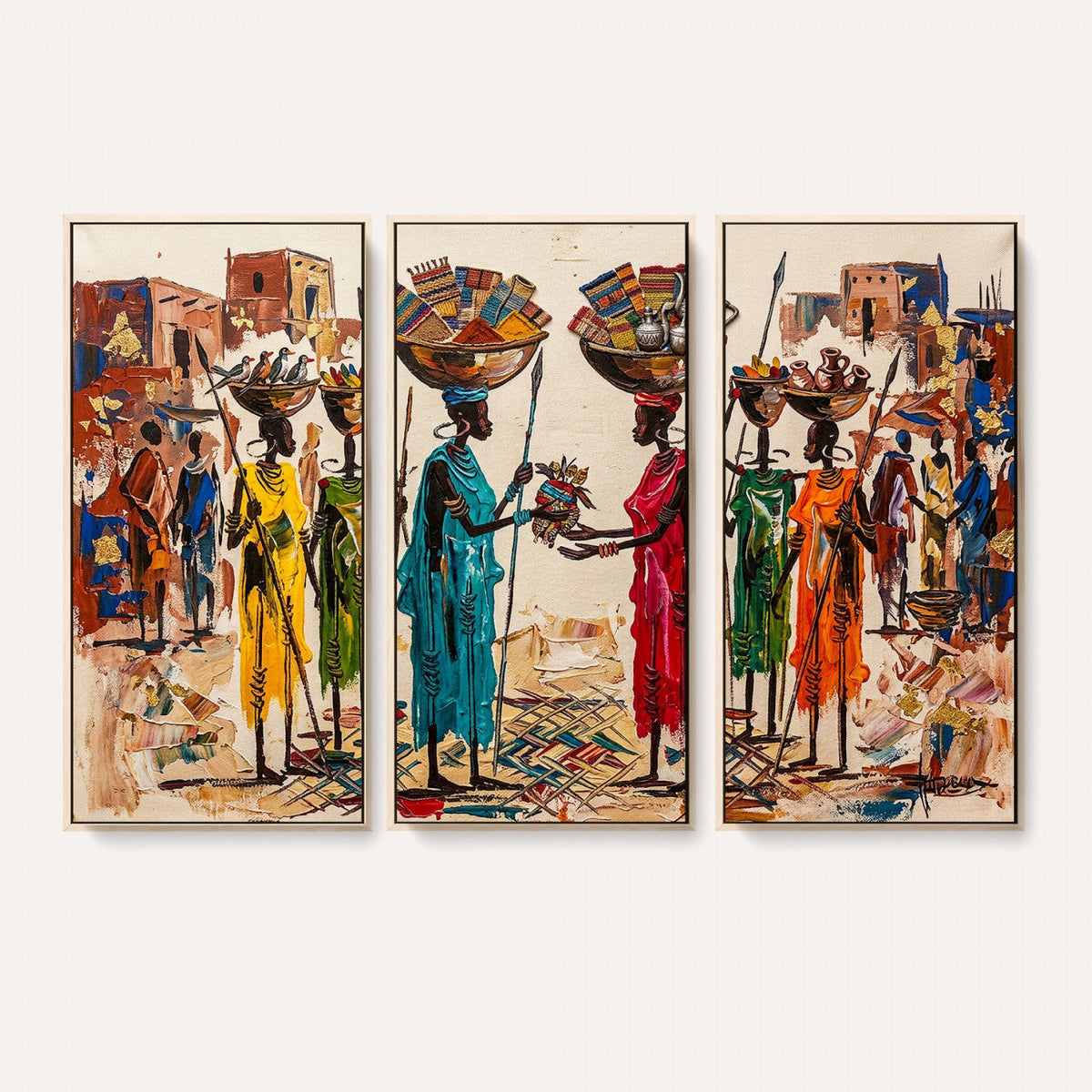 African Folk Art Canvas Wall Art, Colorful African Women Village Painting Print