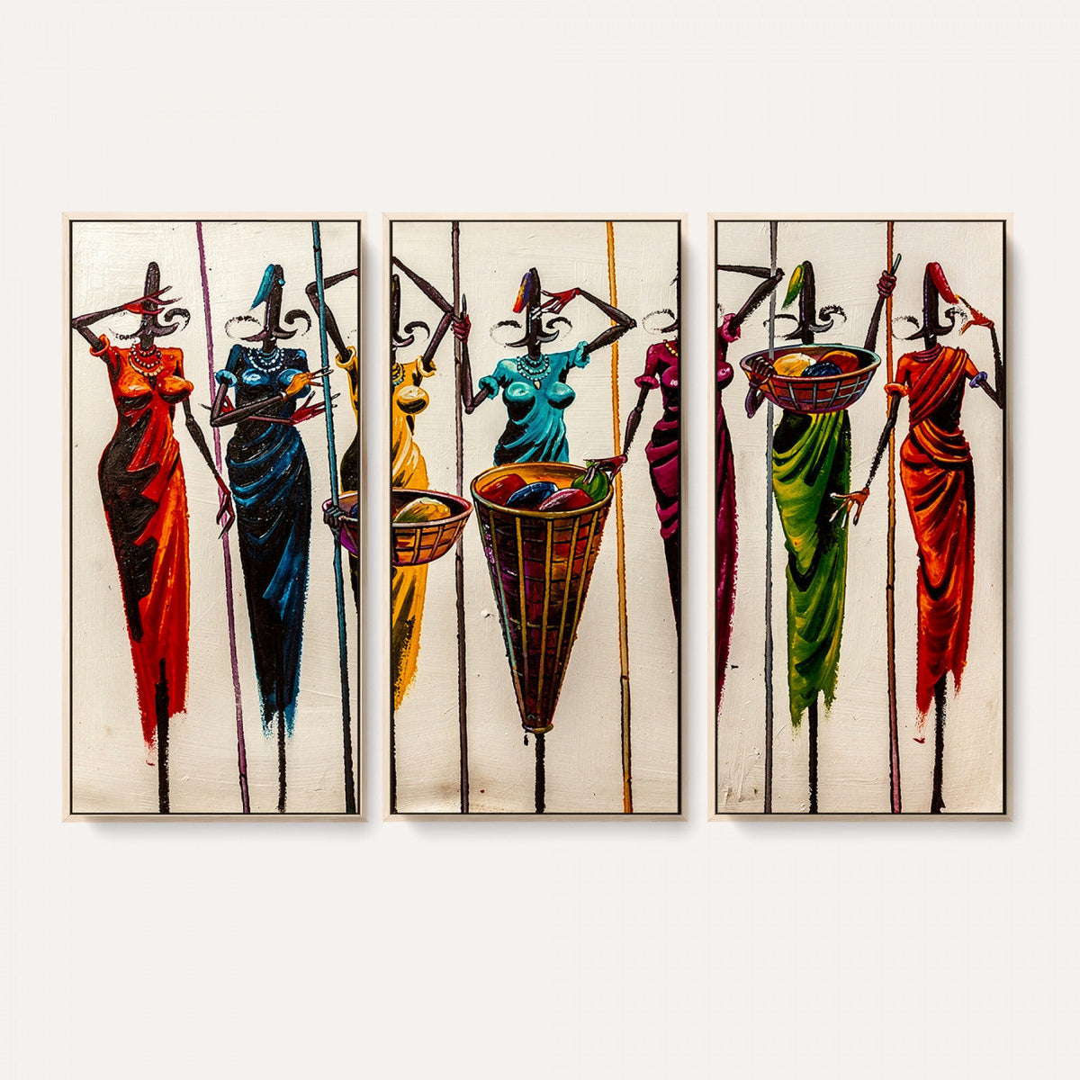 African Folk Art Canvas Wall Art, Colorful African Women Village Painting Print