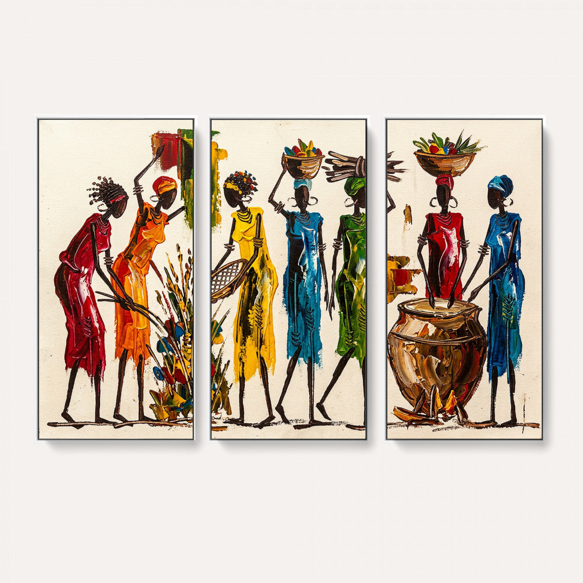 African Folk Art Canvas Wall Art, Colorful African Women Village Painting Print
