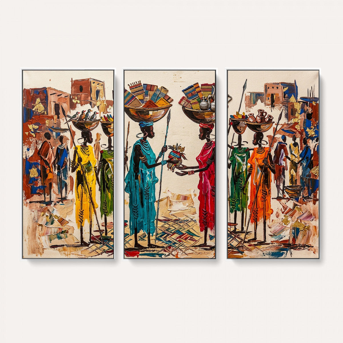 African Folk Art Canvas Wall Art, Colorful African Women Village Painting Print
