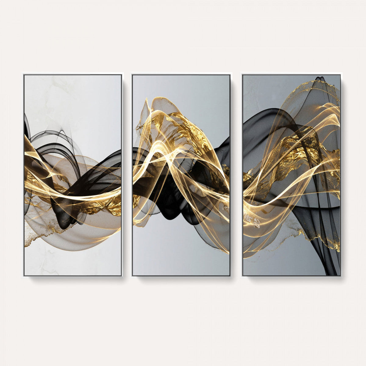 Black and Gold Abstract Wall Art, Modern Wave Canvas Print, Elegant Flowing Smoke Art