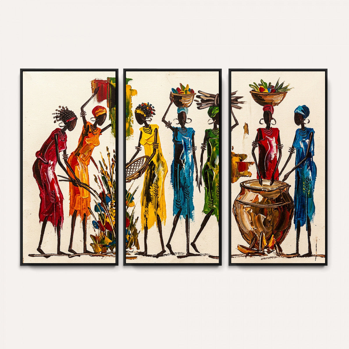 African Folk Art Canvas Wall Art, Colorful African Women Village Painting Print