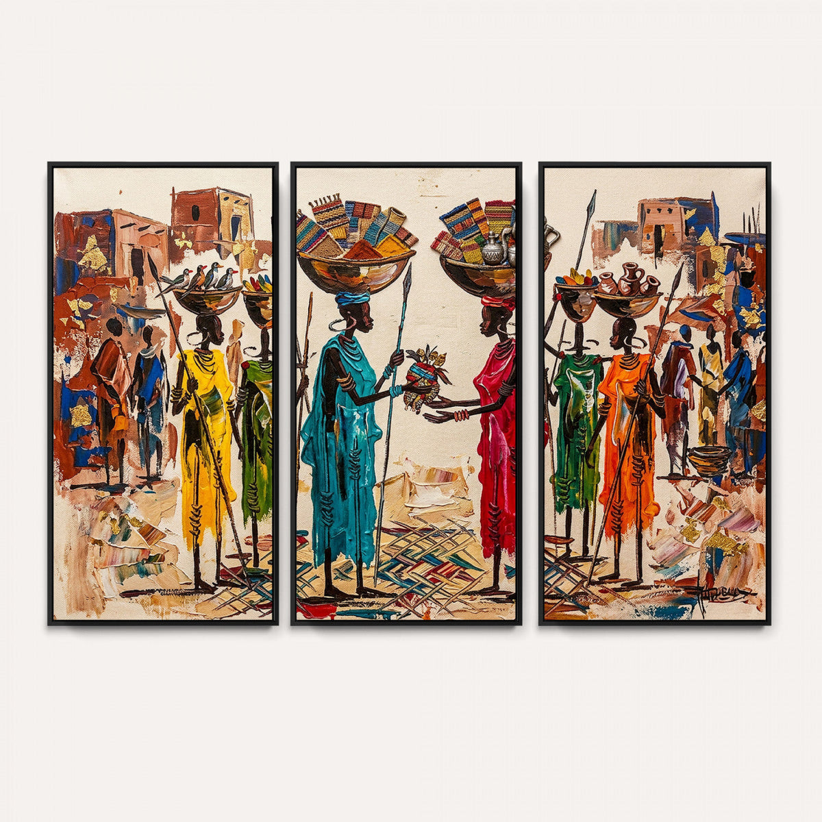 African Folk Art Canvas Wall Art, Colorful African Women Village Painting Print
