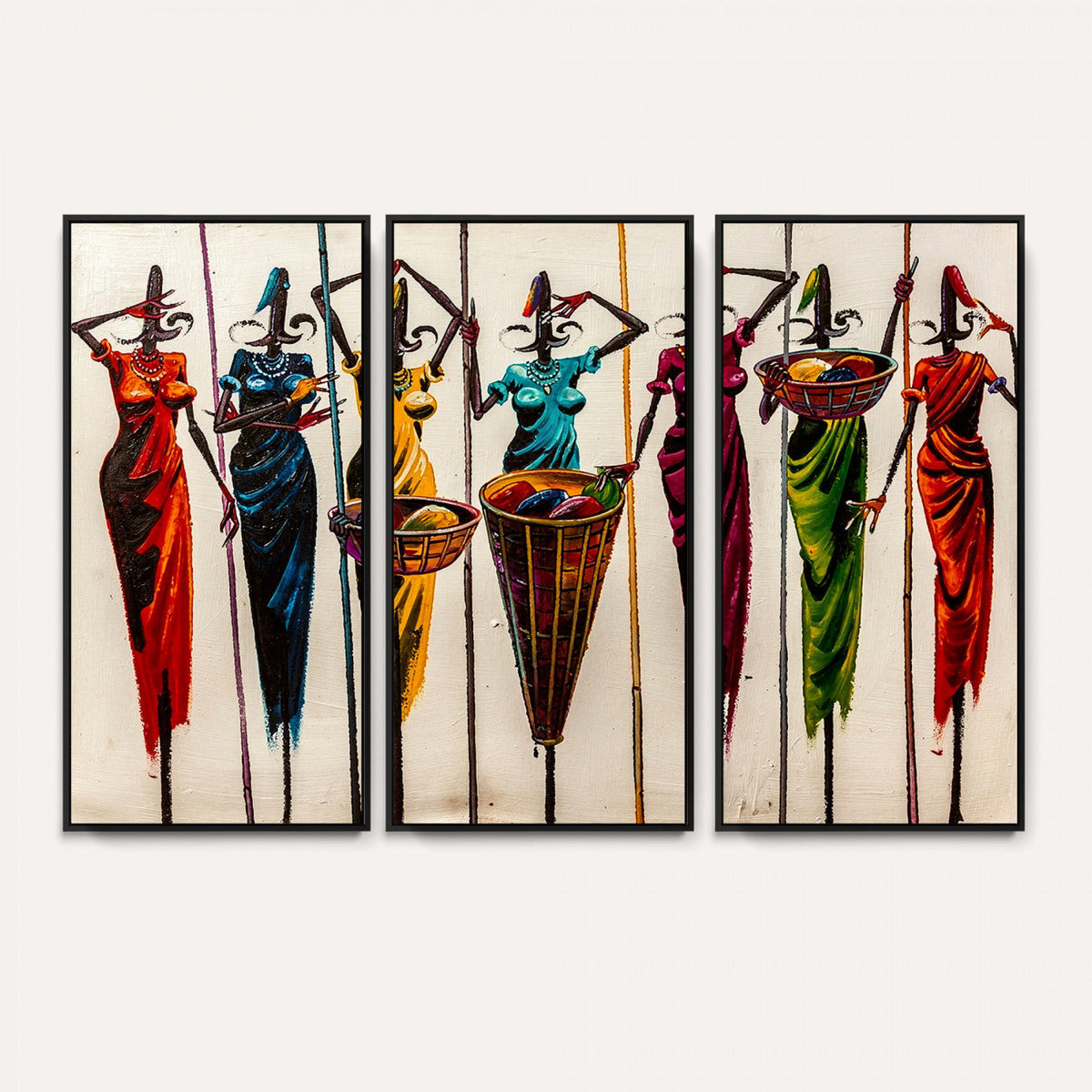 African Folk Art Canvas Wall Art, Colorful African Women Village Painting Print