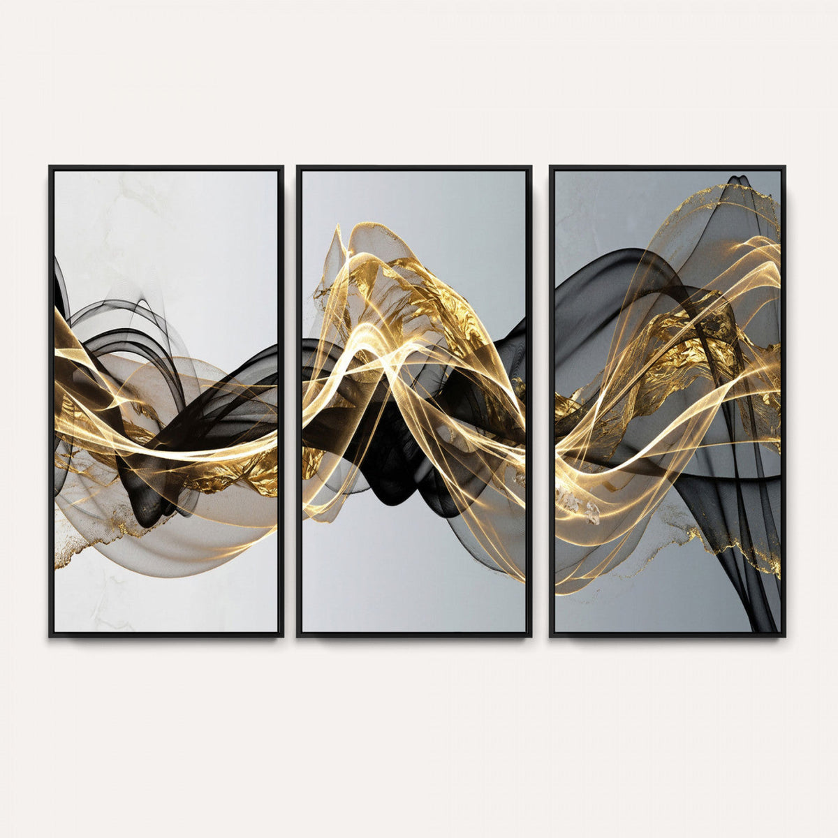 Black and Gold Abstract Wall Art, Modern Wave Canvas Print, Elegant Flowing Smoke Art