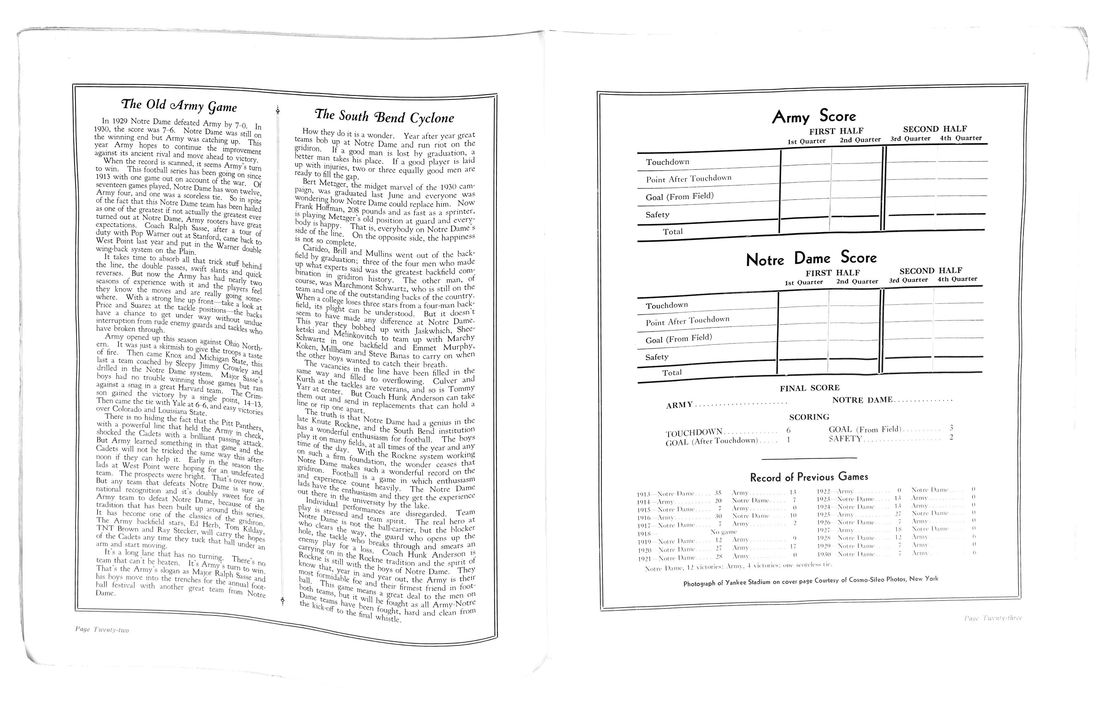 11/28/1931 Army vs. Notre Dame College Program 185774