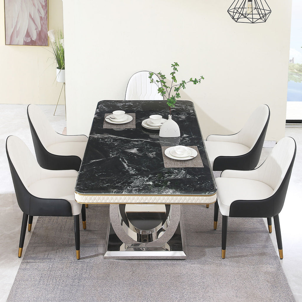 Luxury Modern Dining Table With Faux Marble Top And Dual - Black