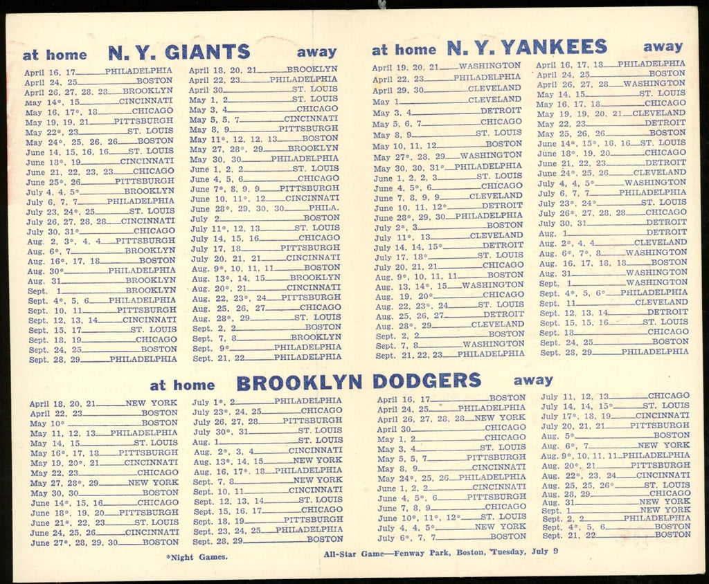 The NY Sun 1946 NY Yankees/NY Giants/Brooklyn Dodgers 3.5x5.5 Pocket Schedule