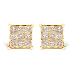 14K Yellow Gold 1 1/2 Cttw Invisible Set Princess-Cut Diamond 9 Stone Square Stud Earrings (J-K Color, SI2-I1 Clarity)
