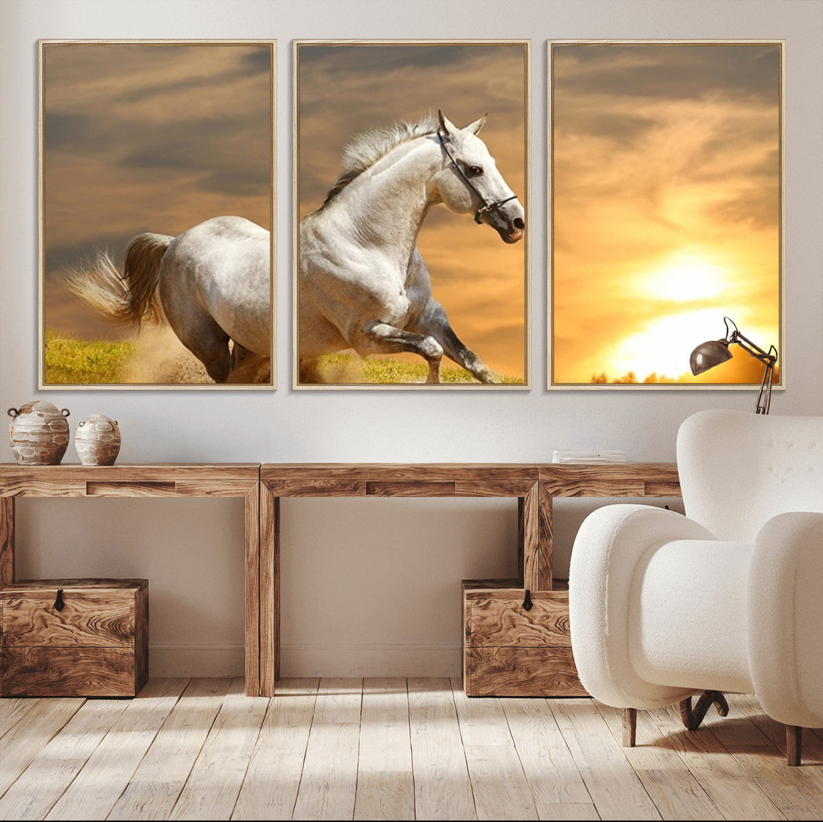Large Wall Art Galloping White Horse at Sunset Canvas Print