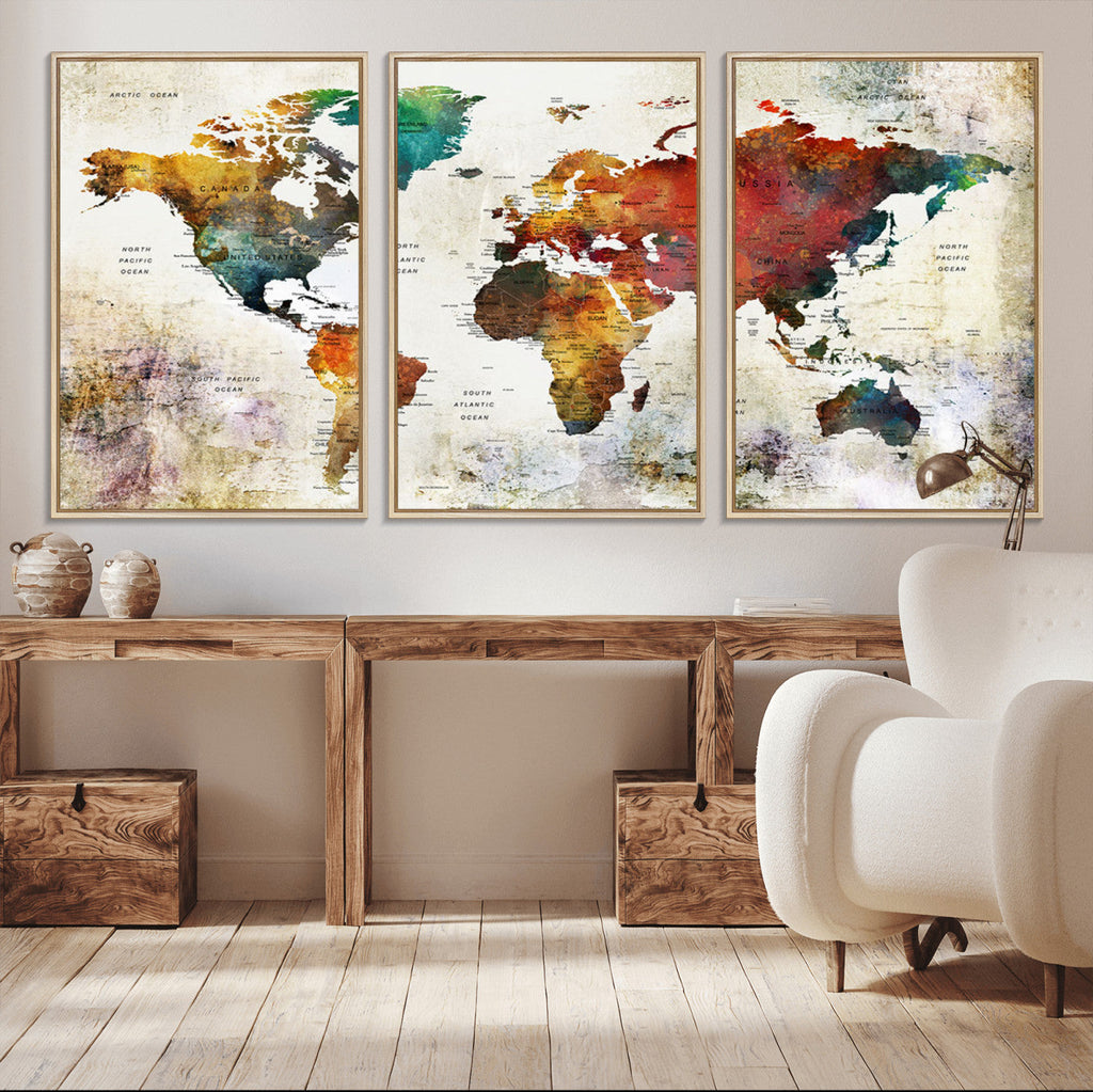 Watercolor World Map Canvas Print | Framed Travel Map Wall Art for Couples