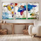 Navy Blue and Orange Watercolor World Map Canvas Print | Framed Travel Map