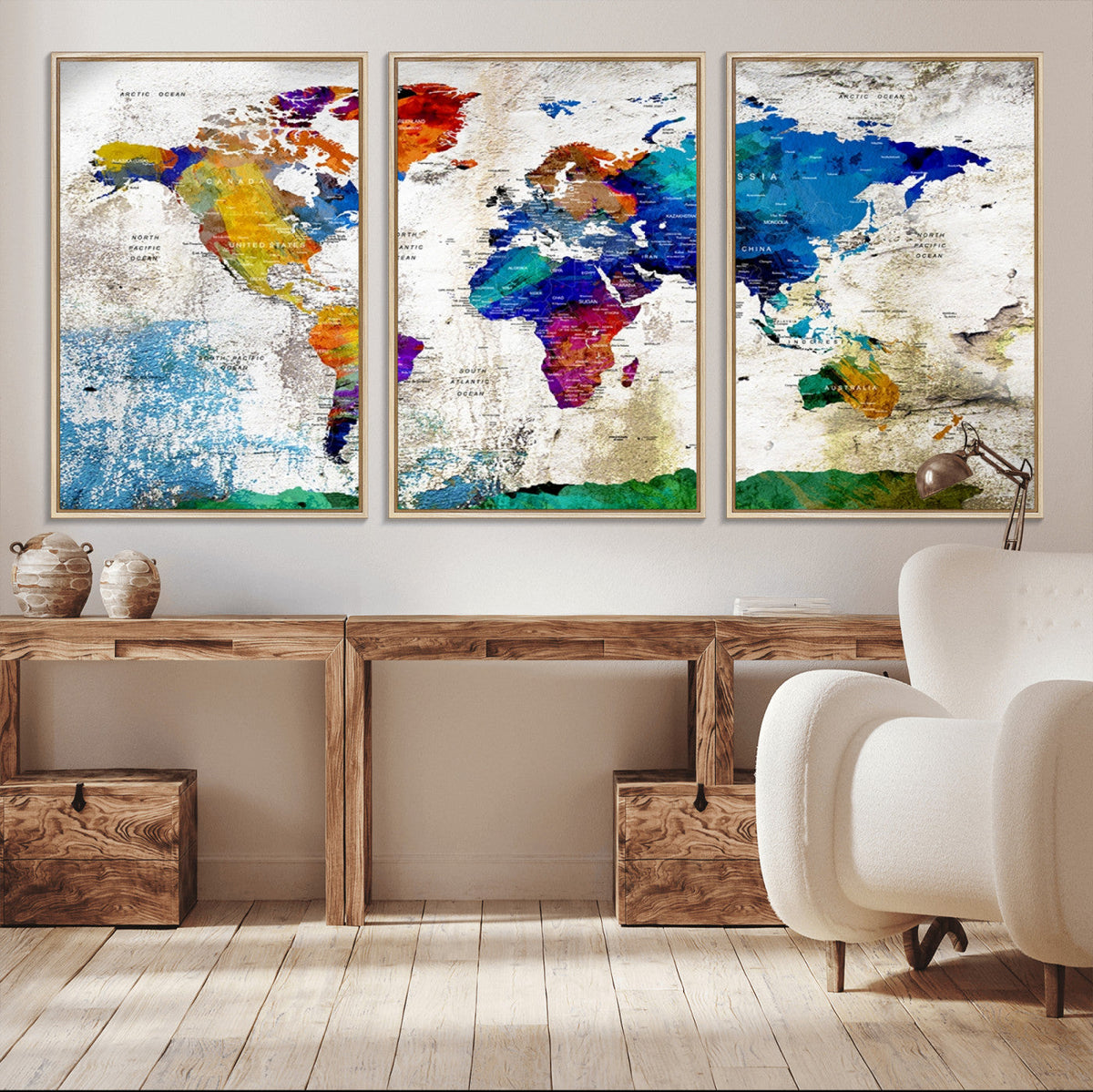 Navy Blue and Orange Watercolor World Map Canvas Print | Framed Travel Map