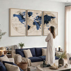 Vintage Blue World Map Canvas Wall Art | Antique Style Framed Map Print