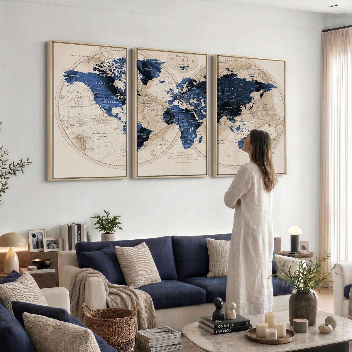 Vintage Blue World Map Canvas Wall Art | Antique Style Framed Map Print