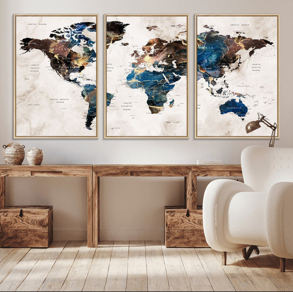 Abstract Earth Tone Blue World Map Canvas Print | Framed Travel Map Wall Art