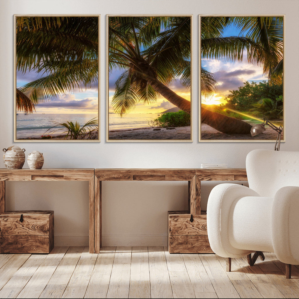 Tropical Island Sunset on the Beach Palms Wall Art Canvas Print