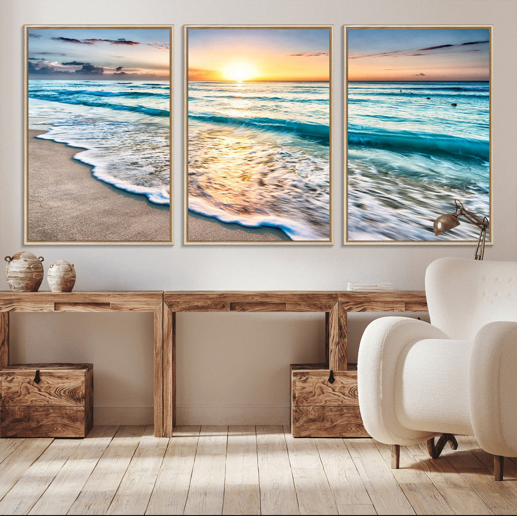 Sunset Beach Waves Canvas Wall Art | Ocean Sunset Coastal Print