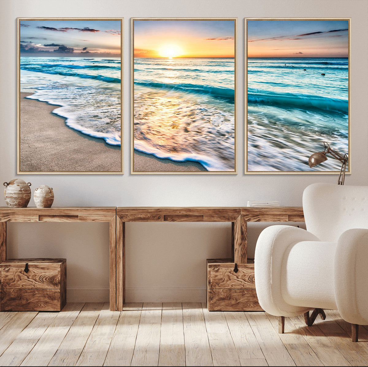 Sunset Beach Waves Canvas Wall Art | Ocean Sunset Coastal Print
