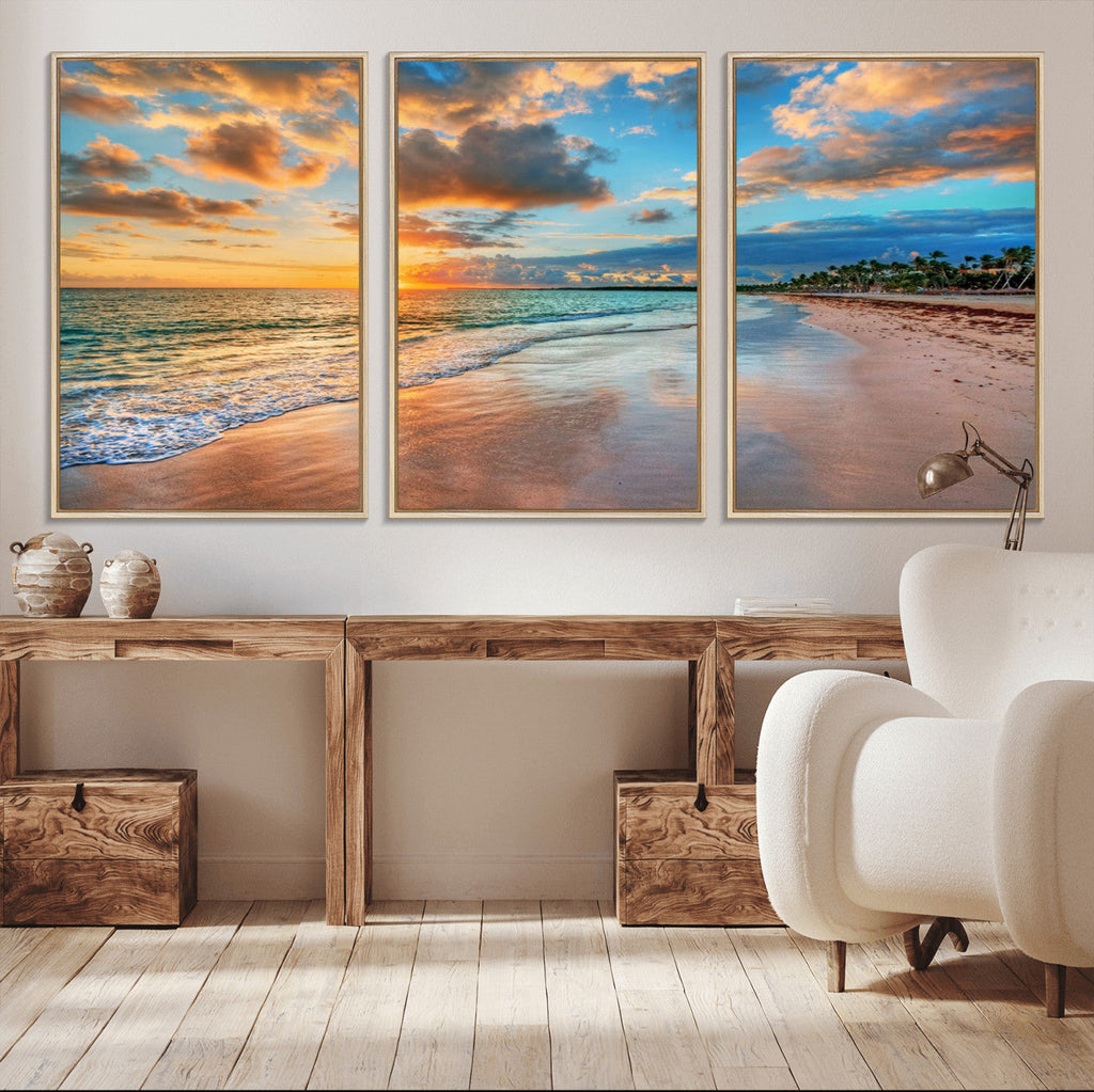 Sunset Beach Canvas Wall Art | Tropical Triptych Seascape Print