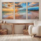 Sunset Beach Canvas Wall Art | Tropical Triptych Seascape Print