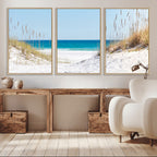 Serene Coastal Dune Path with Ocean View, 3-Panel Beach Canvas Wall Art