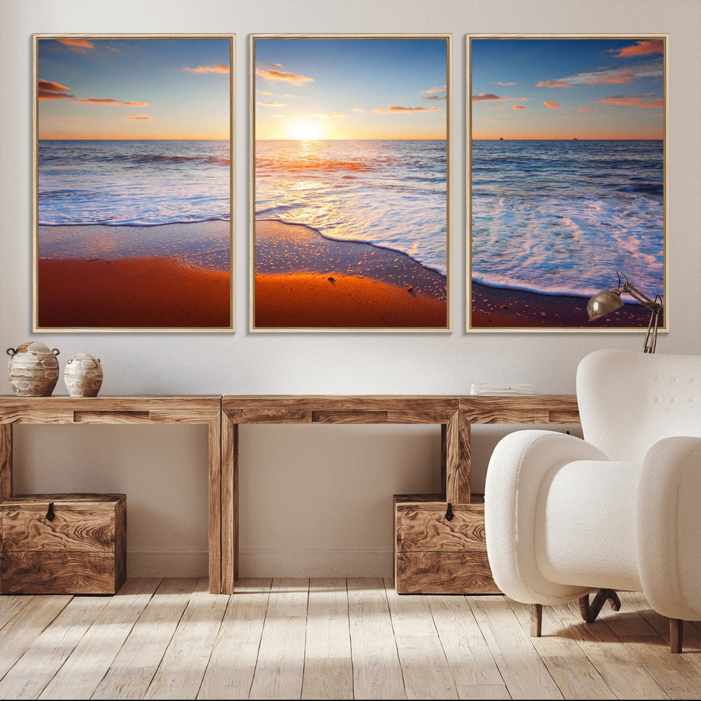 Tropical Ocean Sunset Wall Art Canvas Print, Golden Beach Horizon, Coastal Island Decor