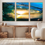 Ocean Wave at Sunset Canvas Art, Large Wall Print of Vibrant Surfing Wave