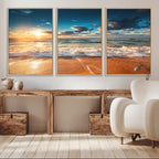 Golden Sunset Beach Triptych Canvas Art, Giclee Coastal Wall Decor, Ocean Waves Print