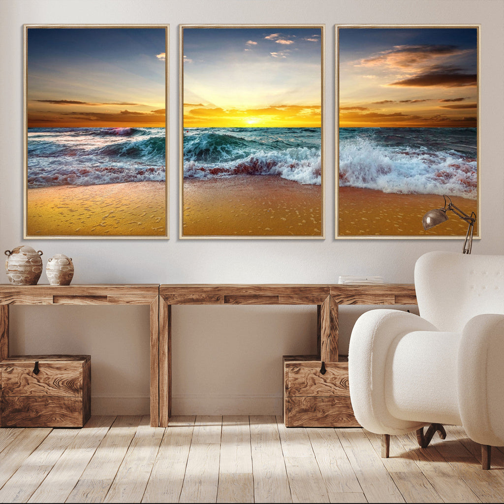 Golden Sunset Ocean Waves Wall Art Canvas Print | Multi Panel Beach Canvas Set, Coastal Triptych
