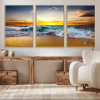 Golden Sunset Ocean Waves Wall Art Canvas Print | Multi Panel Beach Canvas Set, Coastal Triptych