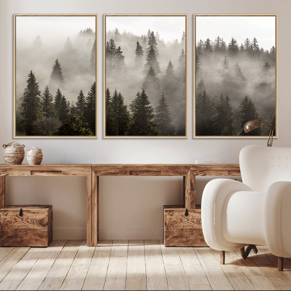 Foggy Mountain Wall Art | 3-Panel Foggy Forest and Mountain Landscape Canvas Print